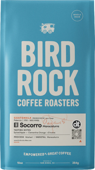 Blue Bird Rock Coffee Roasters Guatemala El Socorro coffee bag with tasting notes panel