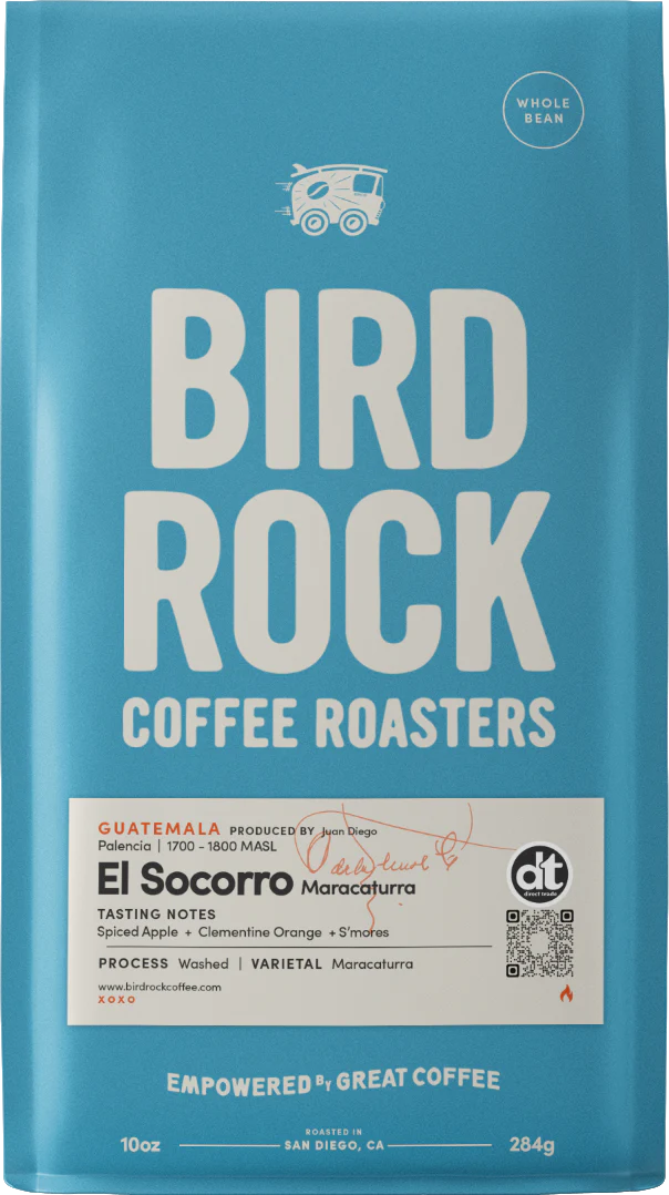 Blue Bird Rock Coffee Roasters Guatemala El Socorro coffee bag with tasting notes panel