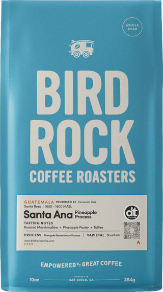 Blue Bird Rock Coffee Roasters Santa Ana Pineapple Process coffee bag with Whole Bean label