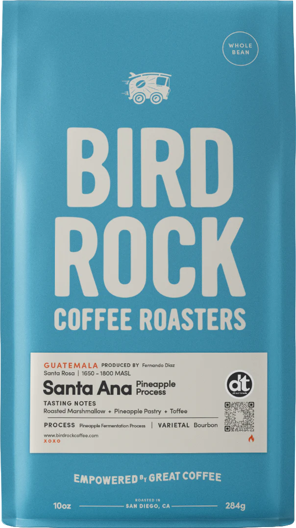 Blue Bird Rock Coffee Roasters Santa Ana Pineapple Process coffee bag with Whole Bean label