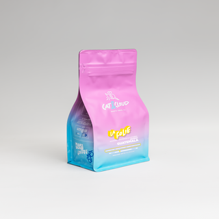 Pink Guatemala La Folie coffee bag shown with a teal to blue gradient background.