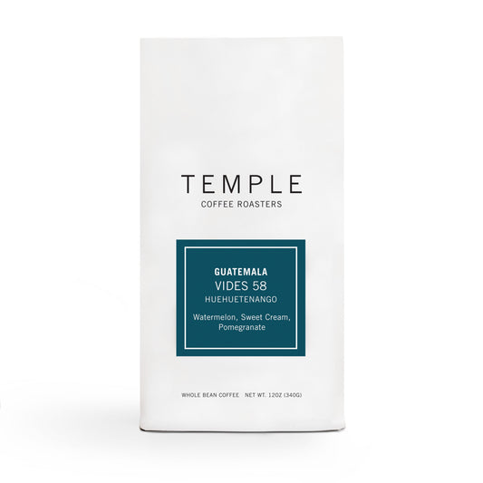 Temple Coffee Roasters Guatemala Vides 58 bag with teal label listing Watermelon Sweet Cream and Pomegranate