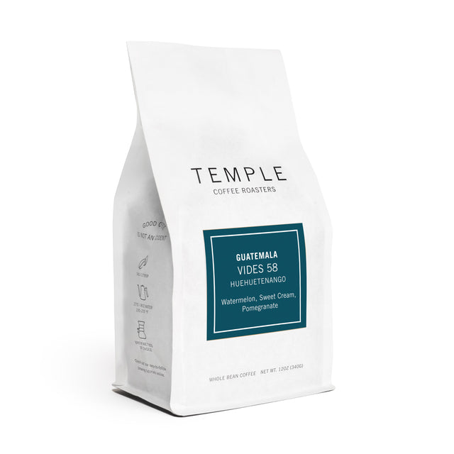 Temple Coffee Roasters Guatemala Vides 58 whole bean coffee bag with teal label showing flavor notes Watermelon Sweet Cream and Pomegranate
