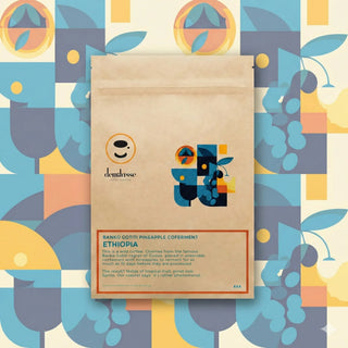 Beige information card about Ethiopia Banko Gotiti pineapple coferment placed against a colorful geometric backdrop