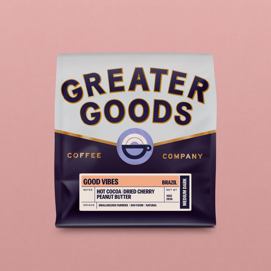 Good Vibes Brazil coffee bag displayed on a pink background with flavor notes and weight label