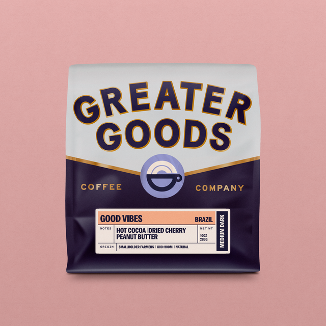 Good Vibes Brazil coffee bag displayed on a pink background with flavor notes and weight label