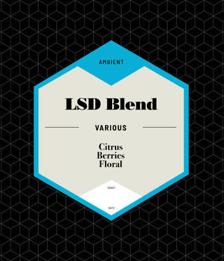 LSD Blend label on a black geometric background featuring a blue bordered beige hexagon and LSD Blend text