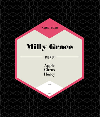 Milly Grace coffee bag label on a cream panel with pink border against a black geometric bag pattern