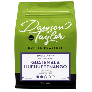 Green Dawson Taylor Guatemala Huehuetenango single origin bag with tasting notes apple toffee milk chocolate.
