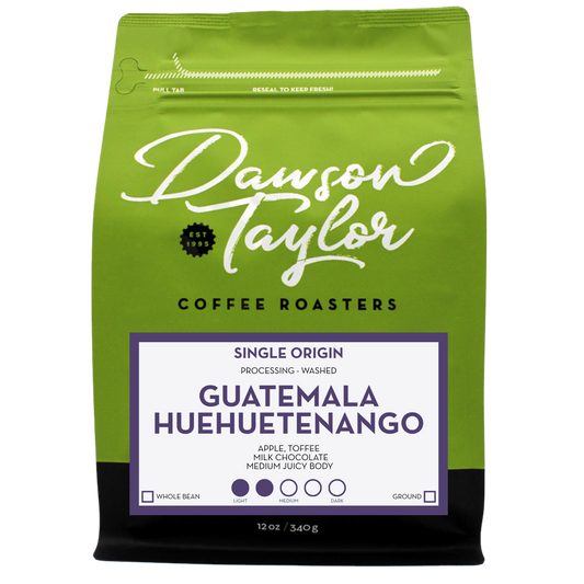 Green Dawson Taylor Guatemala Huehuetenango single origin bag with tasting notes apple toffee milk chocolate.
