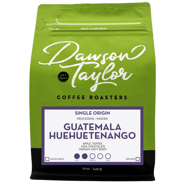 Green Dawson Taylor Guatemala Huehuetenango single origin bag with tasting notes apple toffee milk chocolate.