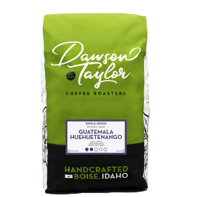 Guatemala Huehuetenango MAM coffee bag from Dawson Taylor with bright green packaging and white script logo