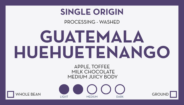 Guatemala Huehuetenango MAM single origin coffee bag with purple framed label on green packaging