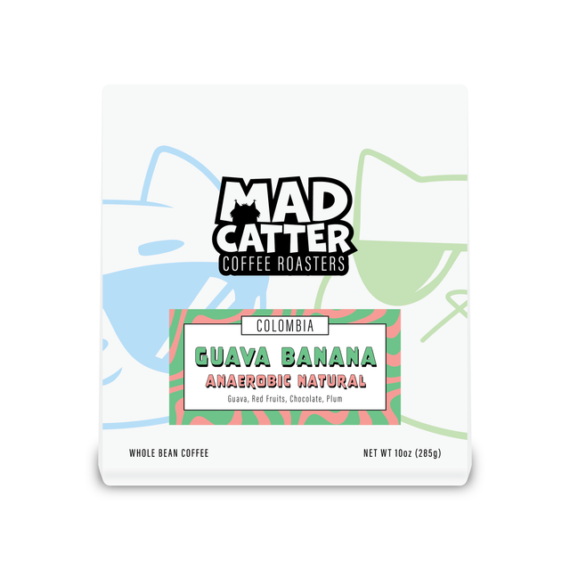 Guava Banana coffee bag with colorful tropical label and anaerobic natural processing