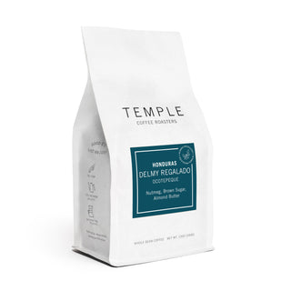Temple Coffee Roasters Honduras Delmy Regalado whole bean coffee bag with a teal label