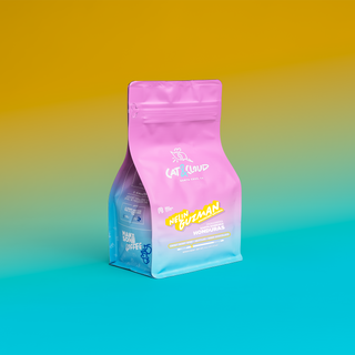 Honduras Nelin Guzman Anaerobic Natural coffee bag in pink packaging shown against a colorful gradient background.