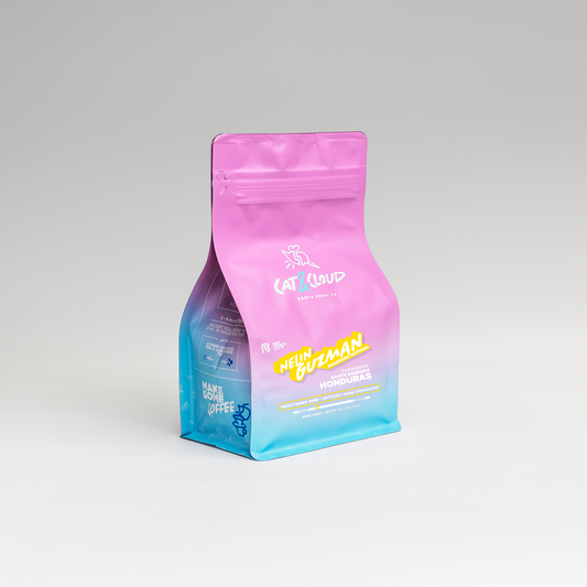 Honduras Nelin Guzman Anaerobic Natural coffee bag in pink packaging with a blue gradient at the bottom, standing upright.