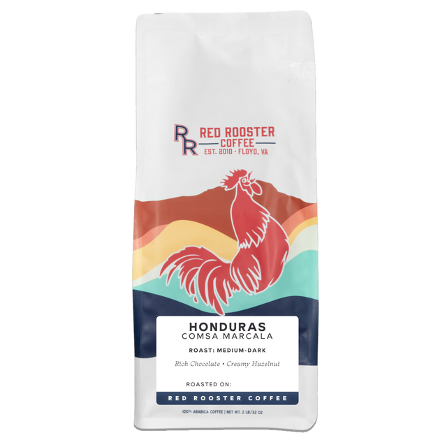 White Honduras COMSA Marcala coffee bag with Red Rooster logo and label