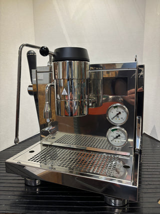 Portland Pickup certified pre owned Rocket R Nine One espresso machine with chrome panels portafilter attached and front gauges