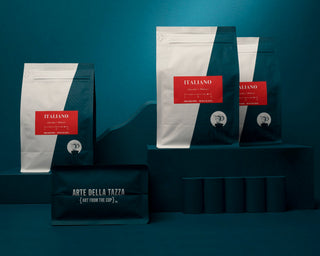 Three Italiano coffee bags on teal backdrop with geometric frames and art from the cup branding