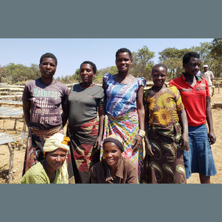 Group of Tanzanian farmers posing outdoors in colorful clothing.