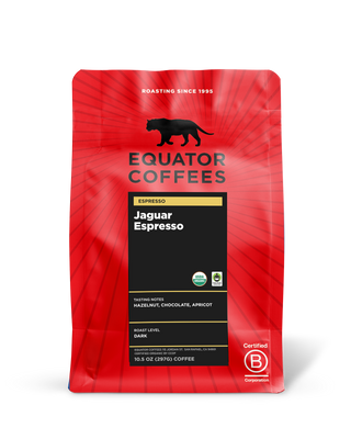 Jaguar Espresso coffee bag by Equator Coffees in red packaging with black label