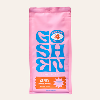 Mbegu Ndogo Kenya coffee bag in pink with Goshen Roasters logo and Kenya label.