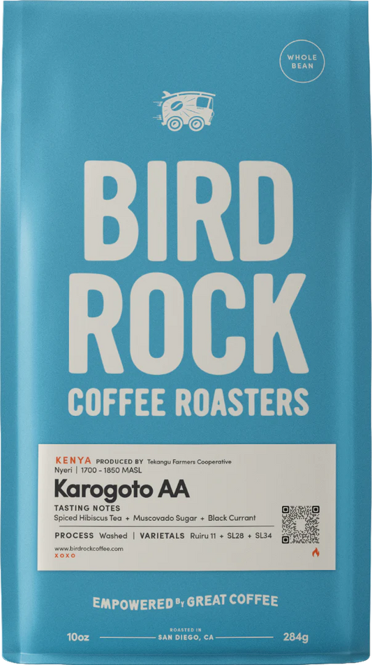 Blue Bird Rock Coffee Roasters Kenya Karogoto AA bag with tasting notes label