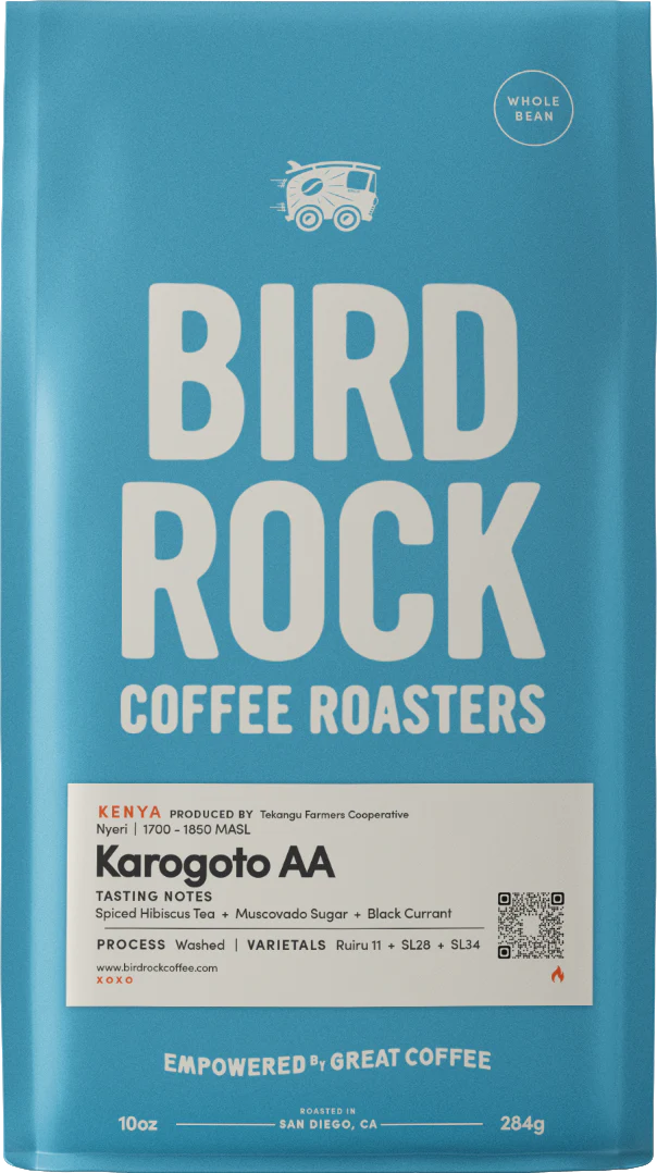 Blue Bird Rock Coffee Roasters Kenya Karogoto AA bag with tasting notes label