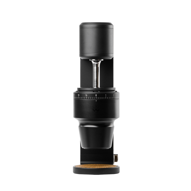 The Key Mk2 black coffee grinder head with tall burr housing and metal adjustment dial