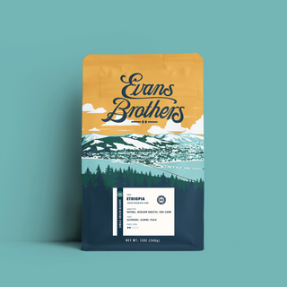 Ethiopia Kayon Mountain Natural coffee bag with a yellow orange panel and mountain illustration on teal background.