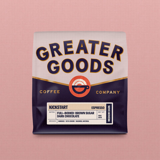 Greater Goods Kickstart Espresso coffee bag with bold logo and a label noting full-bodied dark chocolate notes