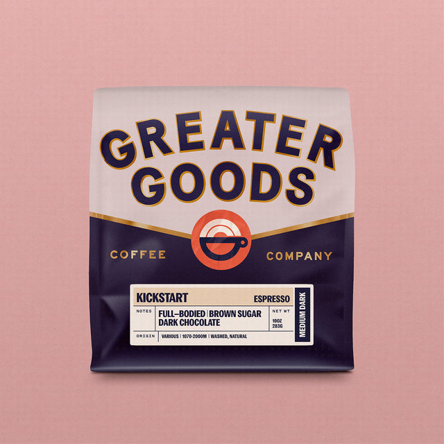 Greater Goods Kickstart Espresso coffee bag with bold logo and a label noting full-bodied dark chocolate notes