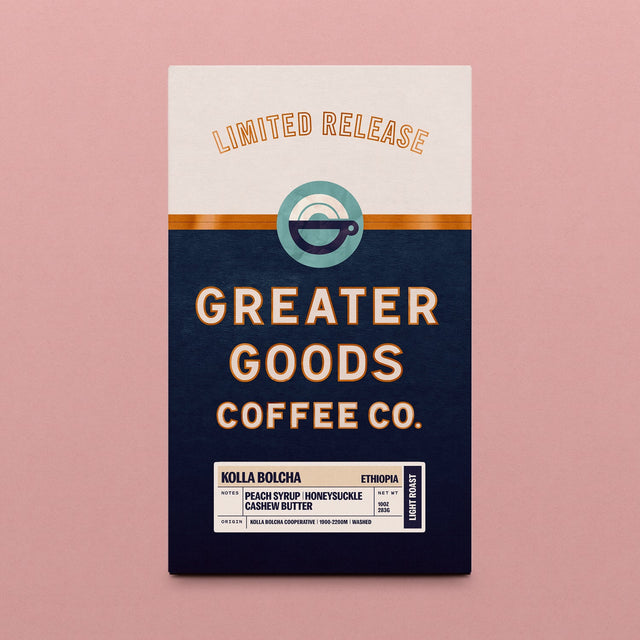 Limited Release Kolla Bolcha Ethiopian coffee bag from Greater Goods Coffee Co