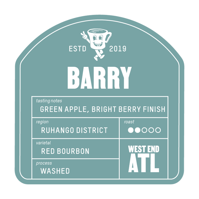 Close-up of the Barry coffee bag label on the orange bag showing tasting notes and origin with a teal badge.