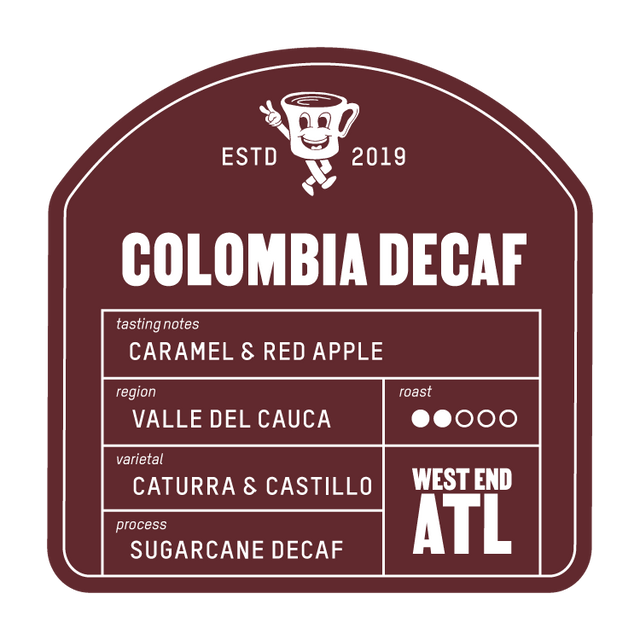 Colombia Decaf label on maroon coffee packaging showing caramel and red apple notes Valle del Cauca sugarcane decaf