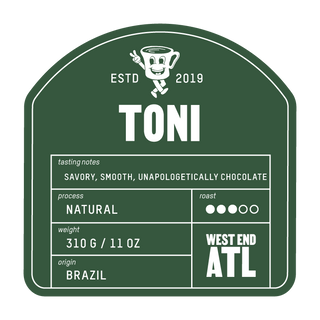 TONI coffee bag label with bold TONI typography on a dark green background and tasting notes panel