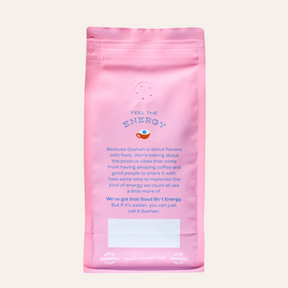 Pink Goshen Coffee Founders energy bag with feel the energy messaging and Abdon Quilla label