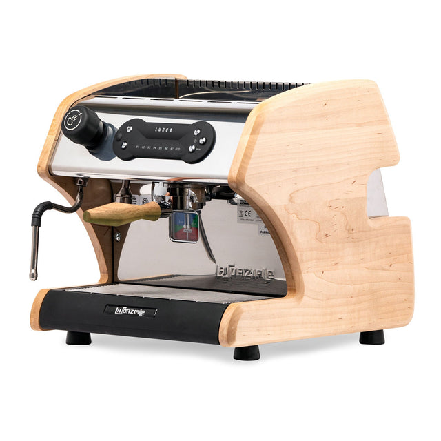 Open box Lucca A53 DP Maple espresso machine shown in side angle with stainless body and maple housing for Portland pickup