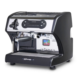 Open Box LUCCA A53 Mini espresso machine front chrome panel with LUCCA logo.