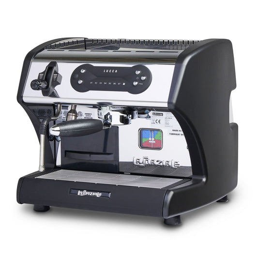 Open Box LUCCA A53 Mini espresso machine front chrome panel with LUCCA logo.
