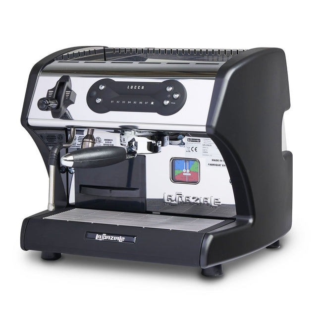 Open Box LUCCA A53 Mini espresso machine front chrome panel with LUCCA logo.