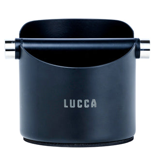 Close-up of the LUCCA Premium Espresso Accessories Kit canister with LUCCA logo and metal fittings