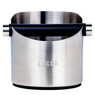 LUCCA Knock Box in brushed stainless steel with a wide curved opening and visible branding.