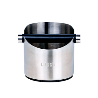 Matte black LUCCA Knock Box top view with a curved opening and metal end caps.