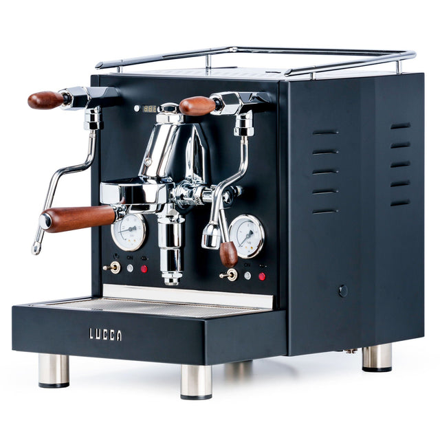 Open box LUCCA M58 espresso machine with chrome levers and wooden handles for Portland pickup