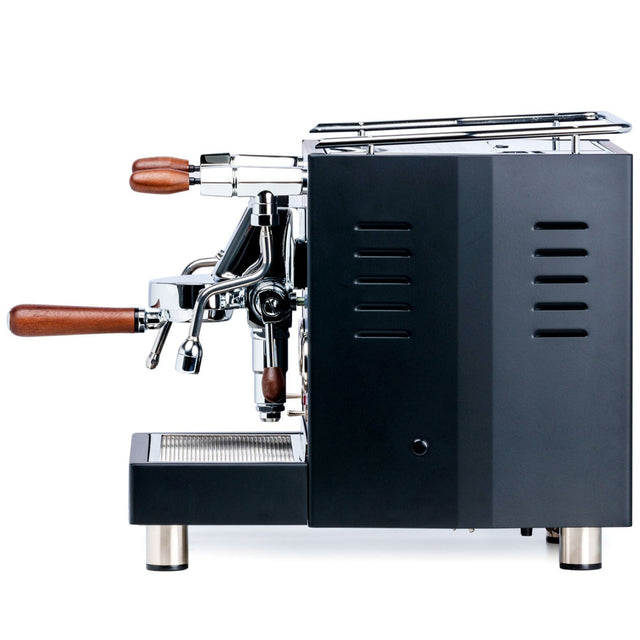 LUCCA M58 Dual Boiler Espresso Machine by Quick Mill (Black w/ Walnut) side view from Clive Coffee - Knockout