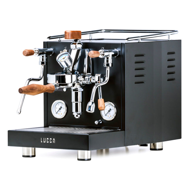 Lucca M58 Sunto matte black, from Clive Coffee, Knockout, angled. 