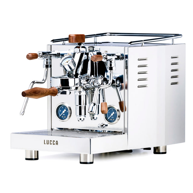 Lucca M58 Sunto stainless steel, from Clive Coffee, Knockout, angled. 