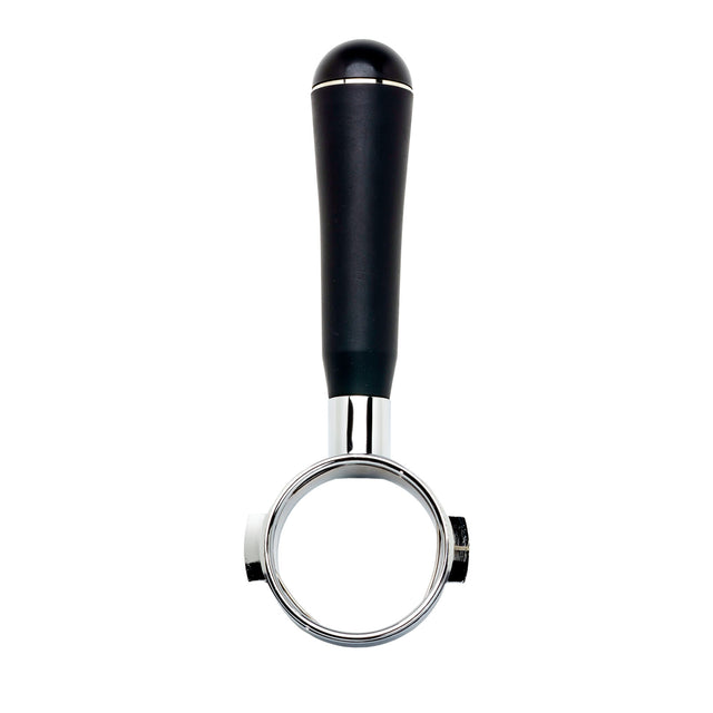 Bottomless LUCCA A53 portafilter with black ergonomic handle and polished chrome ring